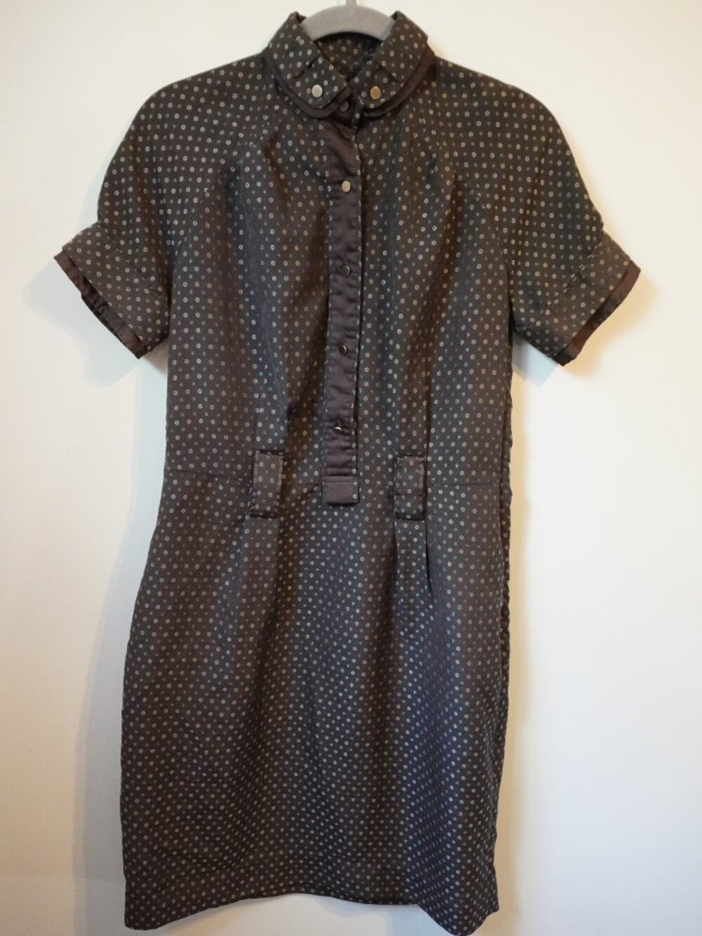 Bizz Y2K Brown Polka Dot Cotton Mini Dress Brass Buttons Medium Workwear Office